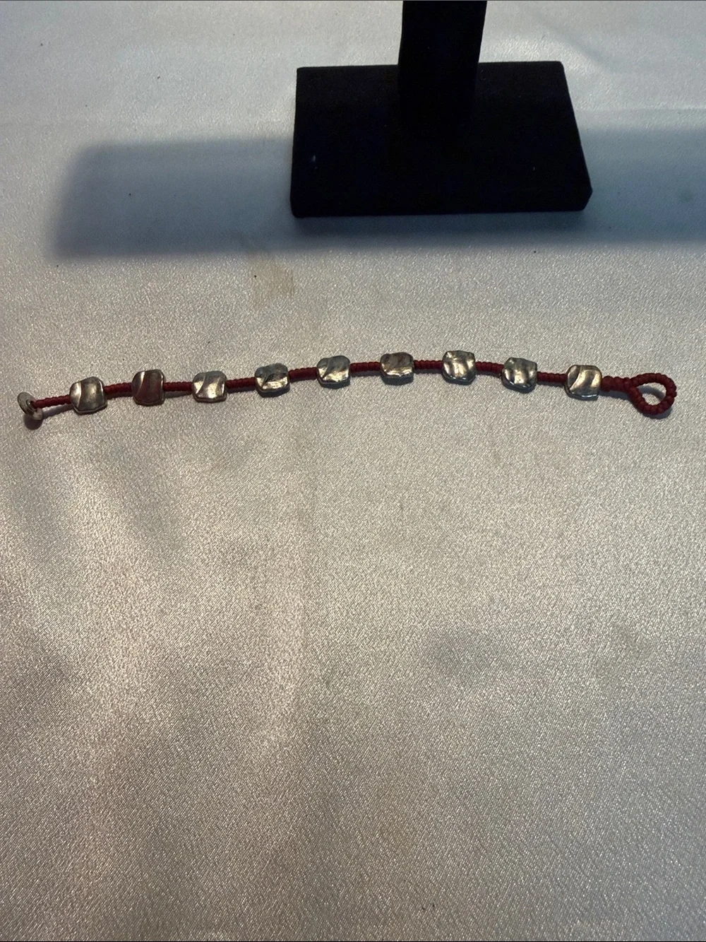 Source Unknown Red Cord Bracelet with Chunky Silver Beads